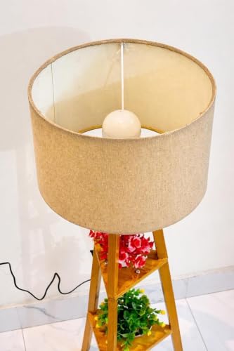 Image of Wooden Tripod Floor Lamp with 3 Shelves, Modern Standing Lamp with Fabric Shade, Decorative Shelf Floor Lamp for Living Room, Bedroom & Home Decor..