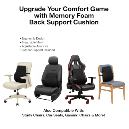 Image of Back Support Cushion for Office Chair & Car | Premium Memory Foam Lumbar Support | 2 Year Warranty | Back Pain Relief, Posture Correction & Adjustable Strap | Breathable Mesh Cover | Made in India