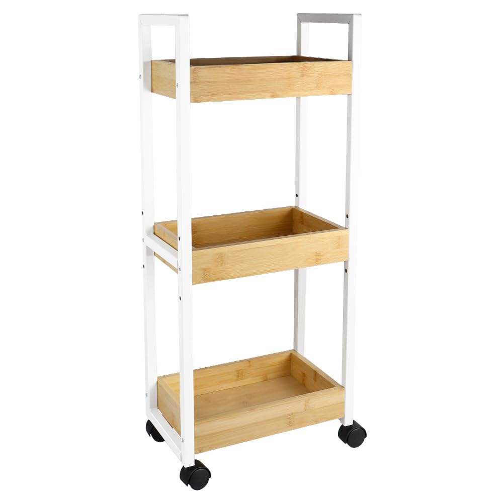 LANTUS Étagère Mince de Salle de Bains, Gain de Place, Bambou, Chariot de Rangement à 3 Niveaux sur roulettes,Étagère Debout 3 paniers dim. 30L x 20l x 80H cm-Blanc