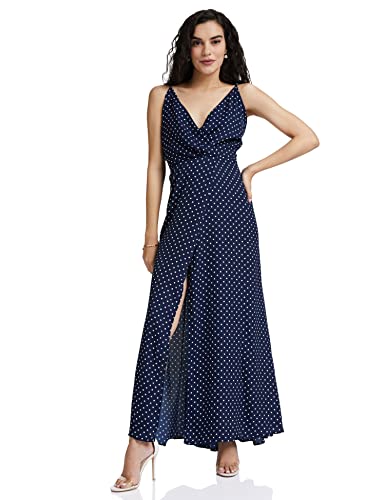 Image of Berrylush Navy Blue Polka Dot Print V Neck Maxi Dress Navy Blue Small