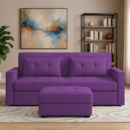 Image of Emilio 2-Seater Sofa Cum Bed for Living Room, Office & Home with Center Table | Premium Fabric Pull-Out Sofa Set with 1 Year Warranty | Space Saving Convertible Sleeper Sofa | Purple Colour