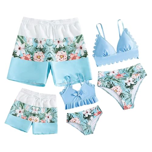 Family Matching Floral Print Swimwear, Mommy Daughter Blue Flower
