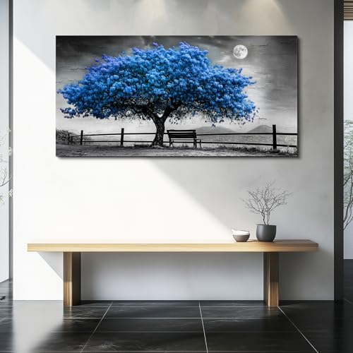 FUHAIHUA Large Wall Decor For Living Room Canvas Wall Art For Office Modern Wall Decorations For Bedroom Black And White Landscape Painting Blue Tree Pictures Artwork Room Home Decor 24x48 In