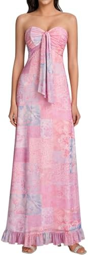 KUTUMAI Strapless Floral Maxi Dress Elegant Tube Mesh Bodycon Ruf...