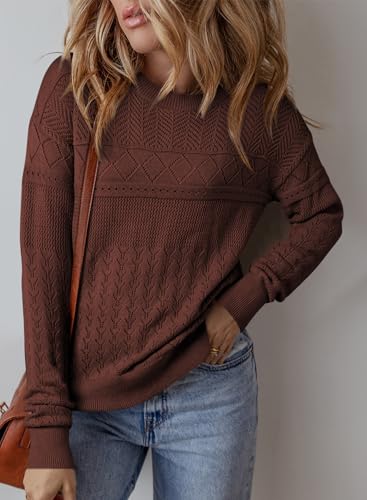 SHEWIN Fall Sweaters for Women Casual Crewneck Long Sleeve Crochet Pullover Tops Sweater2