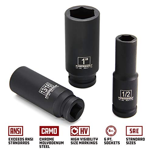 Powerbuilt 647049 1/2" Drive 6 Pt. Sae Deep Impact Socket Set, 11 Pieces , Black #TOP2