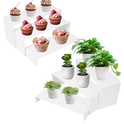 CRAFTIFANO Elevadores acrílicos para exhibición, 2 juegos de 3 niveles, soporte para cupcakes para postre, joyería, figuras pop, estantes, escaparate de zapatos al por menor (blanco)