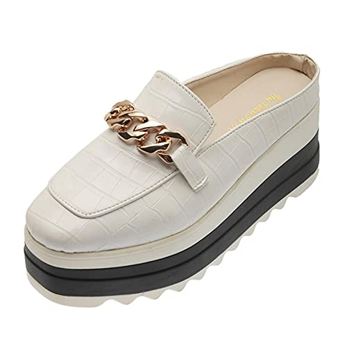 Hbeylia Platform Mule Slippers Shoes For Women Ladies Fashion Snake Leather Metal Chain Square Toe Chunky Bottom High Heels Slip On Loafers Sandals Casual Flats Dress Walking Slides Shoes For Fall #TOP4