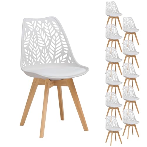 GrandCA HOME Juego de 12 sillas de Comedor de Estilo nórdico, Silla de Cocina tapizada, Silla de salón, Patas de Madera de Haya, Respaldo Calado, para Cocina, salón y Comedor - Blanco