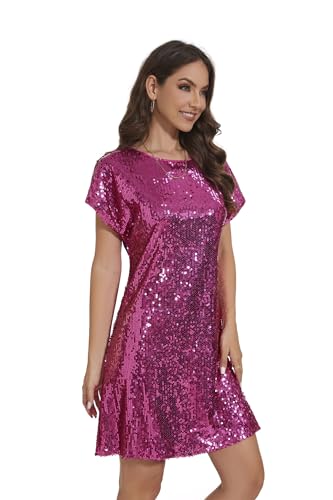 Image of Women's Crewneck Sequin Shift Dress Short Sleeve Casual Holiday Sparkly Party Dress