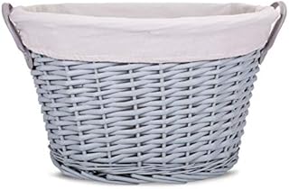 Faux Leather handles Oval shaped Wicker Laundry Basket Cotton Liner Grey Painted