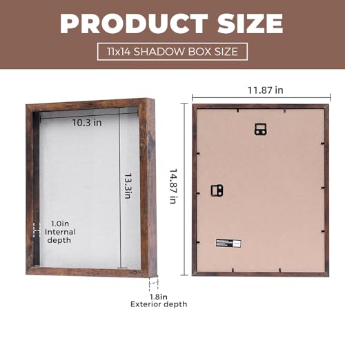 Image of Muzilife 11x14 Shadow Box Picture Frame with Linen Board - Deep Wood & Glass Display Rustic Case Ready to Hang Memorabilia, Pins, Awards, Medals, Wedding, Tickets, and Photos, Rustic Brown