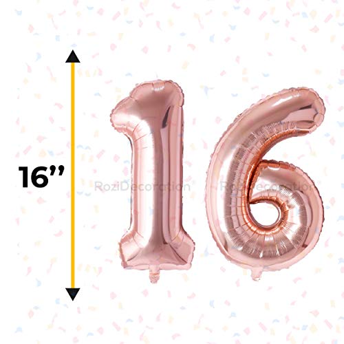 Image of Rozi Decoration 16 Inch Rose Gold Colour 16 Number Foil Balloons with Helium Supported | 16th Birthday Decoration Items | 16 Anniversary Decoration | 16 Balloon Number Pack of 2 Pcs