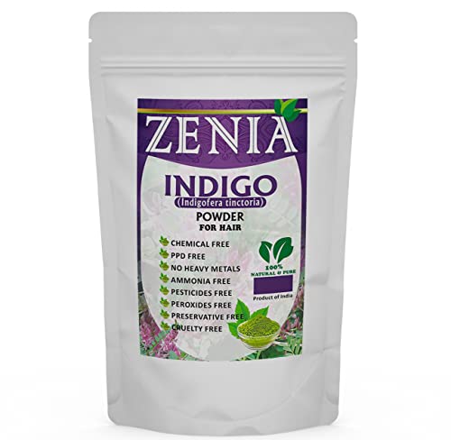 Zenia 100% Natural Indigo Powder Hair & Beard Dye Color | Vegan & Cruelty-Free | Resealable Bag | Color Your Hair Black Naturally | No Preservatives | 100g (3.5 oz)