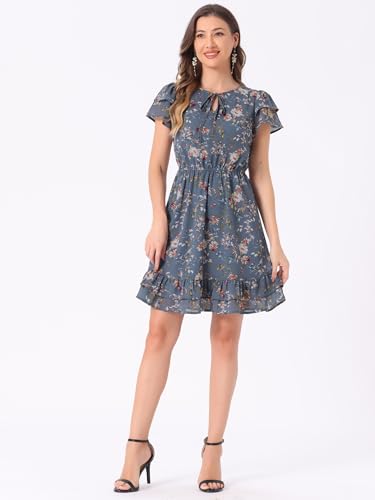 Image of Allegra K Women's Ruffle Sleeve Self-Tie V Neck Flowy Ruffled A-Line Floral Chiffon Dress