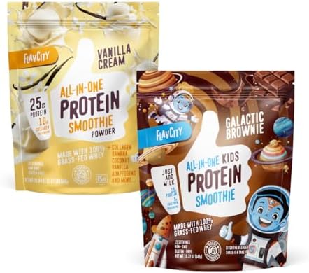 FlavCity Protein Smoothie Family Pack - Vanilla All-in-One Vanilla Cream & Kids' Galactic Brownie - Grass-Fed Whey Protein, Collagen and Organic Coconut Milk (20 Servings)