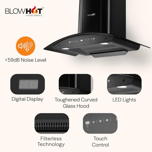 Image of BLOWHOT 90cm 1300 m /h Filterless Autoclean Kitchen Chimney With Installation Kit, Touch+Motion Sensor, Stylish Curved Hood, Oil Collector, 15 Year Warranty on Motor By Blowhot (EVANA L BAC MS)