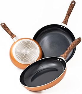 nuovva Copper Frying Pan Non-Stick Coated Stainless-Steel Induction Anti Scratch Pot for Cooking Frying On All Hobs with Wooden Handle Pfoa Free Dishwasher Safe (3pcs Set)