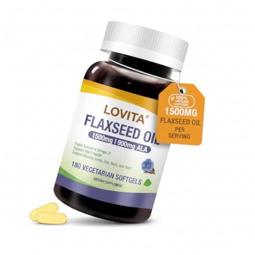 Image of LOVITA Vegan Flaxseed Oil 1500mg, 900mg ALA, 180 Softgels | Cold-Pressed Omega 3-6-9, Plant-Based, Fish-Free, No Fishy Burps, cGMP Made in USA, 90 Servings
