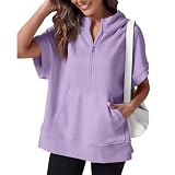 Sudadera de manga corta con media cremallera para mujer, sudadera de verano, ropa de primavera, casual, ligera, con bolsillos, Morado (, XXL