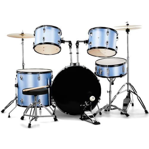 Ktaxon 22 Inch Adult Drum Set, 5-Piece Full-Size Drums Kit with Cymbal Stands, Hi-hat Stand, Sticks, Drum Pedal, Stool & Floor Tom for Beginner Teens Student (Satin Blue)