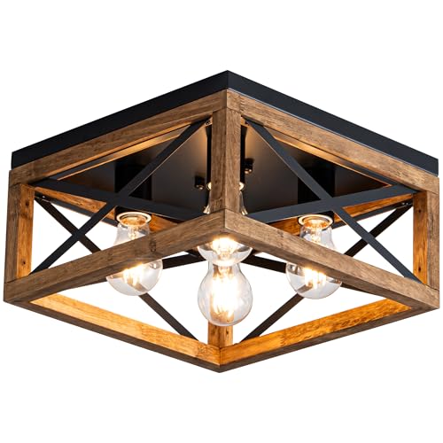 Farmhouse Ceiling Light, 4-Light Flush Mount Ceiling Light with Black Metal and Wood, Rustic Light Fixture for Hallway, Entryway, Kitchen