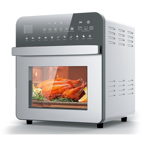 Horno De Freidora De Aire Grande De 15 L, Mini Horno De Acero Inoxidable 10 En 1 De 1700 W Con Asador Para Calentamiento Dual Y Pantalla Táctil, Juego Completo De Accesorios,Silver