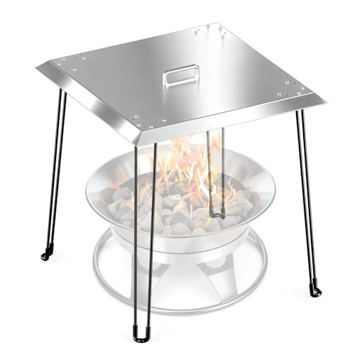 Fire Pit Heat Deflector 24 x 24 x 24 Inch Stainless Steel Square Fire Pit Deflector Cover to Push Heat Down and Out Heavy Duty Burner Lid with Foldable Legs
