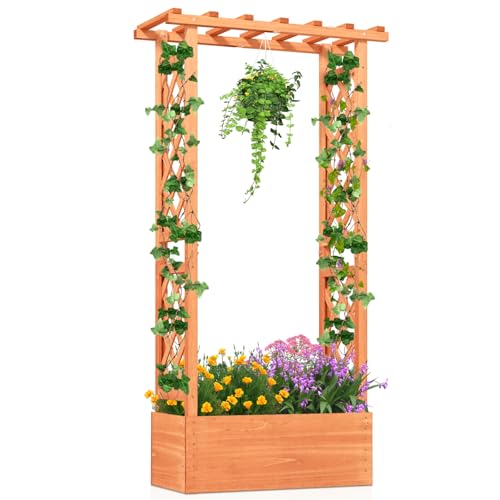 COSTWAY Garden Planter with Trellis, Hanging Roof and Drainage Holes, Weather-Resistant Wooden Raised Bed for Vine Climbing Plants, Outdoor Trough Container Grow Box Flower Pot (Orange, 78x36x152cm)