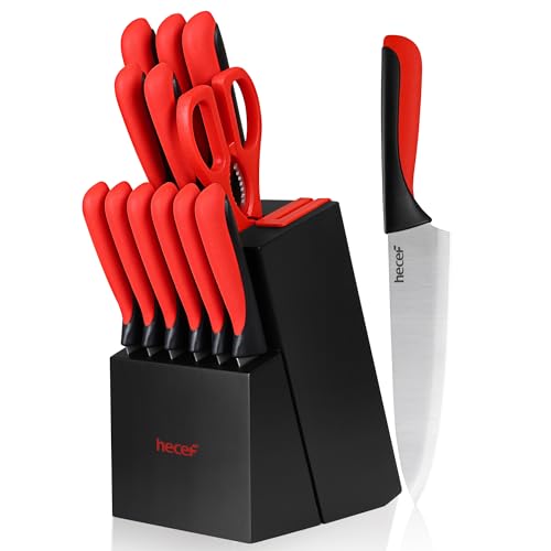 hecef Cuchillos Cocina, 13 Piezas Juego de Bloque de Cuchillos de Cocina de Madera con Afilador Incorporado, Cuchillos de Acero Inoxidable para Picar, Rebanar, Cortar en Dados y Cortar (Rojo)
