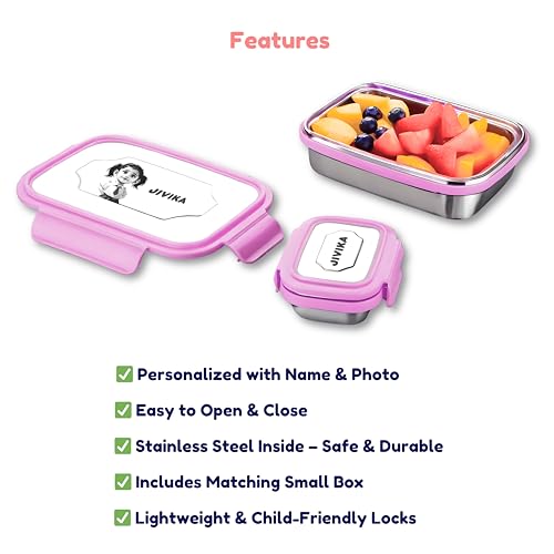 Image of Customised Lunch Box with Name and Photo for Kids - Photo & Name Permanently Printed - Ideal for School, Students, Children - Stainless Steel and Safe Food Container - Pink Color