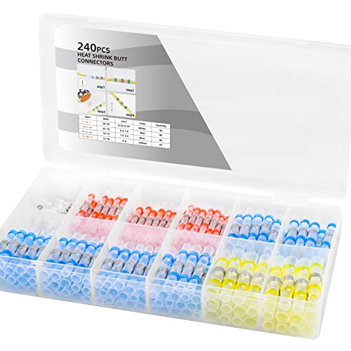 KF CPTEC 240PCS Solder Seal Wire Connectors-Tinned Red Copper 1.0mm Solder Heat Shrink Butt Connector-Waterproof Insulated Automotive Marine Electrical Wire Terminals