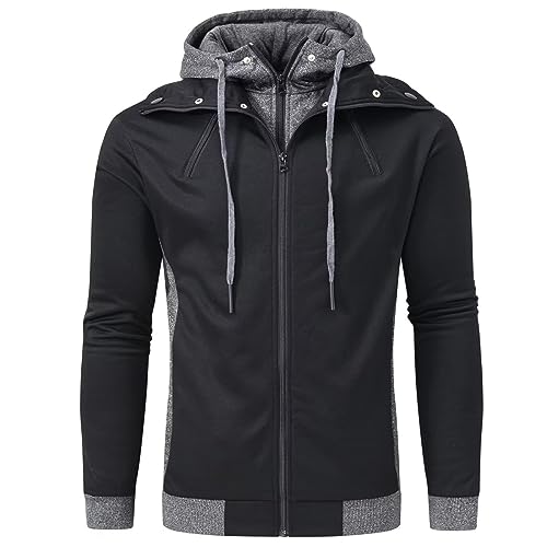 Image of YuKaiChen Men's Hooded Jacket Slim Fit Double Zipper Turtleneck Fleece Hoodie Outerwear