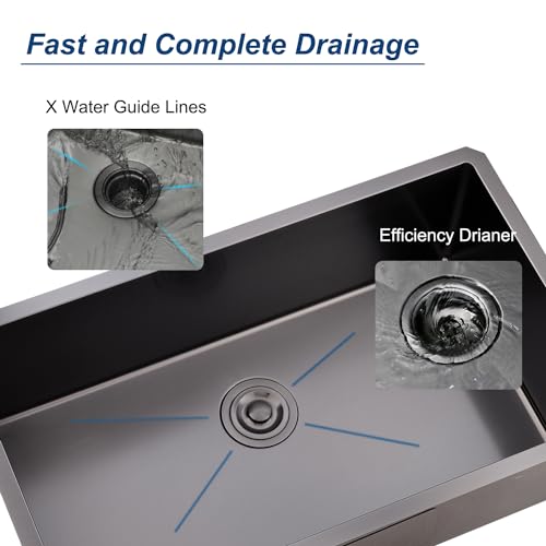Image of 28 Inch Undermount Kitchen Sink Black, 28x18 Gunmetal Black 16 Gauge Stainless Steel Single Bowl Under Mount Commercial Kitchen Sinks 9 Inch Deep Includes Drain