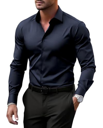 Landtown Men's Muscle Fit Casual Athletic Shirts Slim Fit Long Sleeve Button Down Solid for Gym to Office, Navy