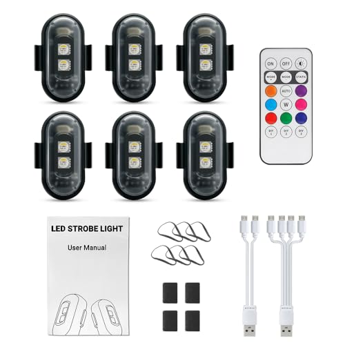 RGB Led Aircraft Drone Strobe Lights for Cars, 6pcs USB Mini Rechargeable with Remote Moto Glow Up Wireless Ambient Bike Led Lights Emergency for Night Riding Car Interior Vehicles Motorcycles