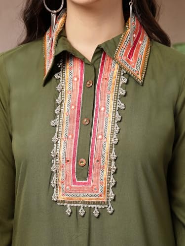 Image of Stylum Women's Solid & Embroidered Rayon A-Line Kurta Pant Set