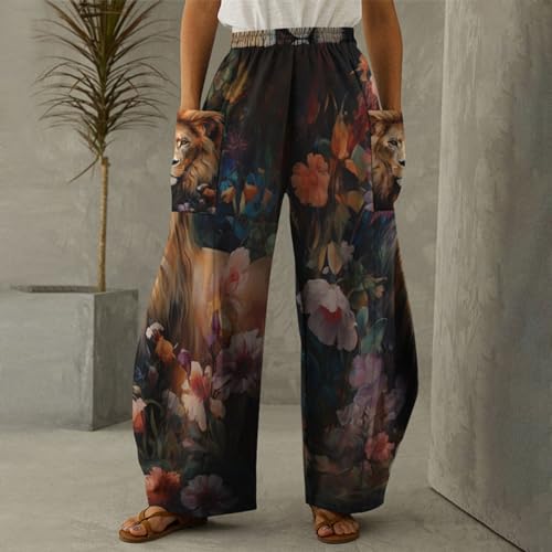 Sipumia Calça harém feminina solta com estampa de leão, calça hippie palazzo boho joggers roupas de