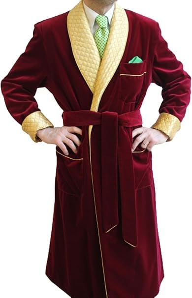 Men's Velvet Dressing Long Smoking Jackets Burgundy with Yellow Quilted Robe's Smoking Jackets