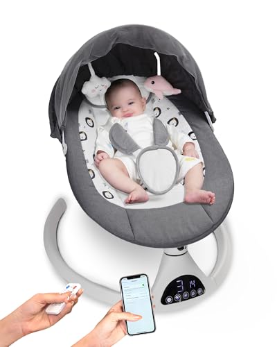 Image of Electric Baby Swing for Infants to Toddler Portable Babies Swings Timing Function 5 Swing Speeds Bluetooth Touch Screen Music Speaker with 10 Preset Lullabies 5-Point Carabiner Dark Gray
