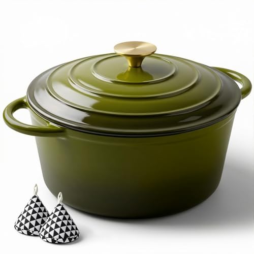 Miereirl 6 Quart Enameled Dutch Oven Pot with Lid Cast Iron Dutch Oven with Dual Handles for Bread Baking Cooking Non-stick Enamel Coated Cookware Golden Green