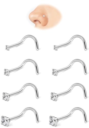 316L Surgical Steel 20g Nose Studs Hypoallergenic - Diamond-Like Sparkle Cubic Zirconia Corkscrew Nose Rings 8Pcs
