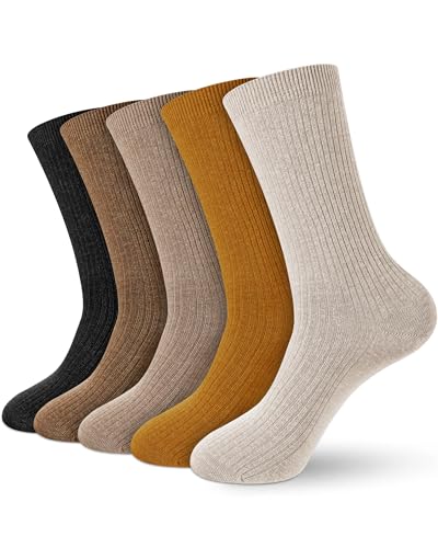 Shihanee 5 paia di calzini da donna in lana di cachemire morbidi calzini in cotone lavorato a maglia a coste accessori estetici neutri, Colore elegante, taglia unica