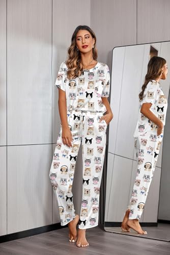 Image of Ekouaer Womens Satin Silky Pajama Set Short Sleeve Shirt with Long Pajama Pant Set Soft PJ Loungewear