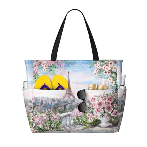 Sac shopping de travail Paris Tour Eiffel grand sac à main hobo noir à fleurs