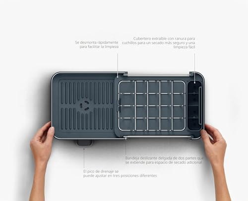 Escurreplatos extensible de acero inoxidable duradero con soporte extraíble para cubiertos 6