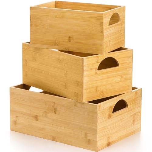 DEAYOU 3 Pack Bamboo Storage Bin, Bamboo Storage Box Crate, Natural Nesting Organizer, Stackable Cubby Basket Container Holder with Handle for Display, Book, Toy, Snack, Decor, Modular Open, 3 Sizes