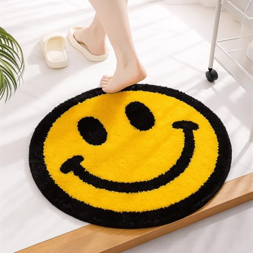 FUURY Smiley Face Rug/Bath Mat Soft Plush Round Accent Rug with Non-Slip Backing for Bedroom Dorm Living Room or Bathroom (Yellow)