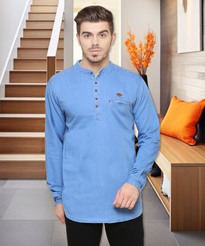 Image of Kuons Avenue Men's Denim Casual Short Kurta | Mandarin Collar | Full Sleeves | Tailored Fit- Stylish Ethnic Wear