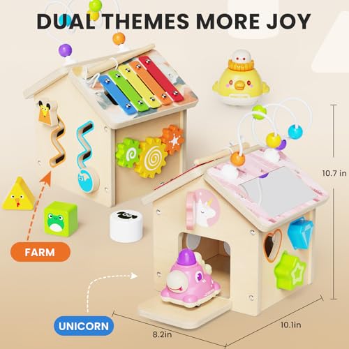 Image of 9-in-1 Wooden Activity Cube, Montessori Baby Activity Center Toys for 1+ Year Old Boys & Girls, Unicorn Theme Baby Cube with Car Toys & Shape Sorter, Educational Toy for Toddlers, Ideal Baby Gift
